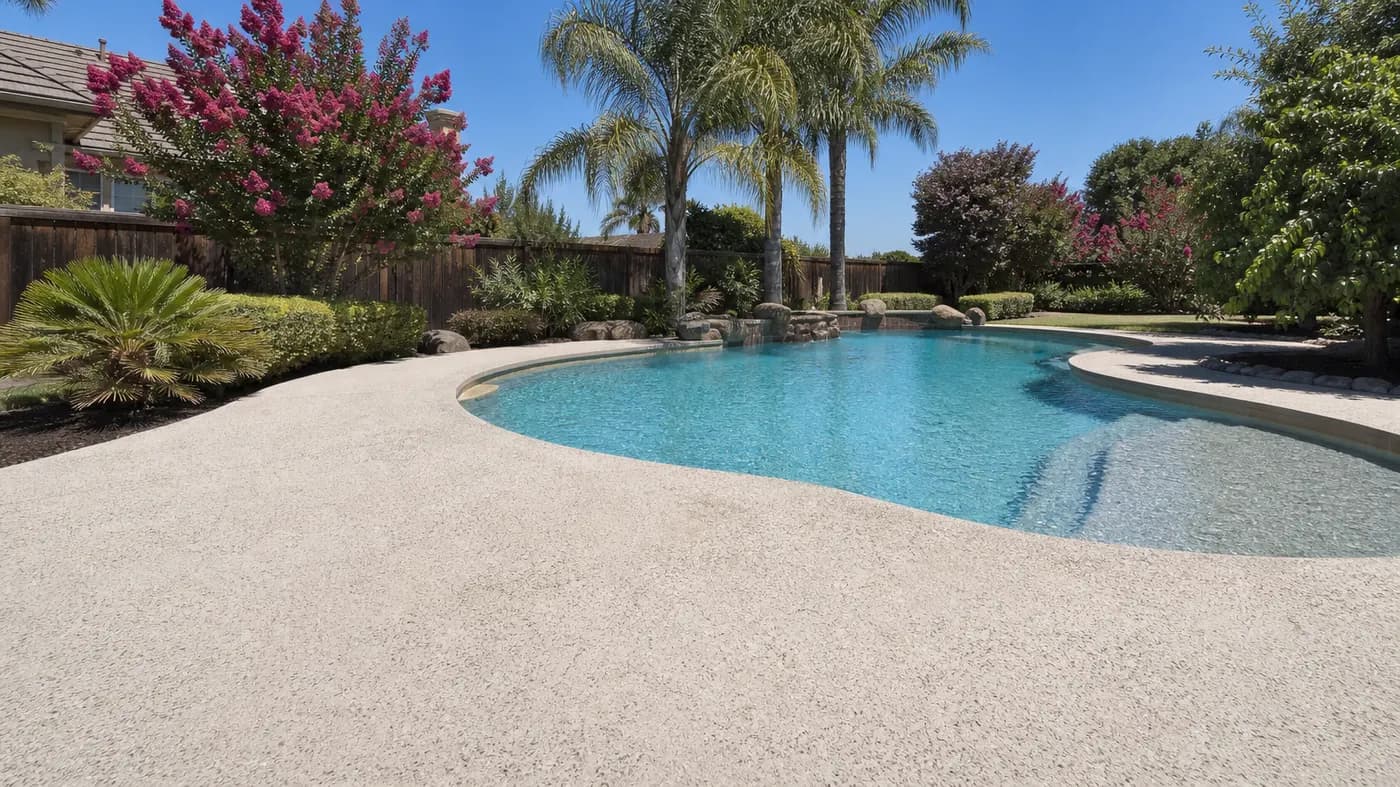 Light textured knockdown concrete pool deck surrounding a backyard pool