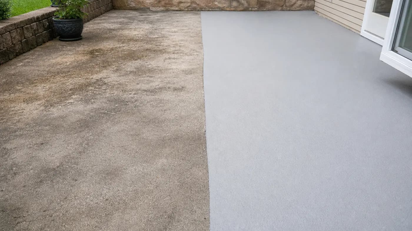 Patio that is half worn old concrete and half freshly resurfaced with a smooth light gray overlay