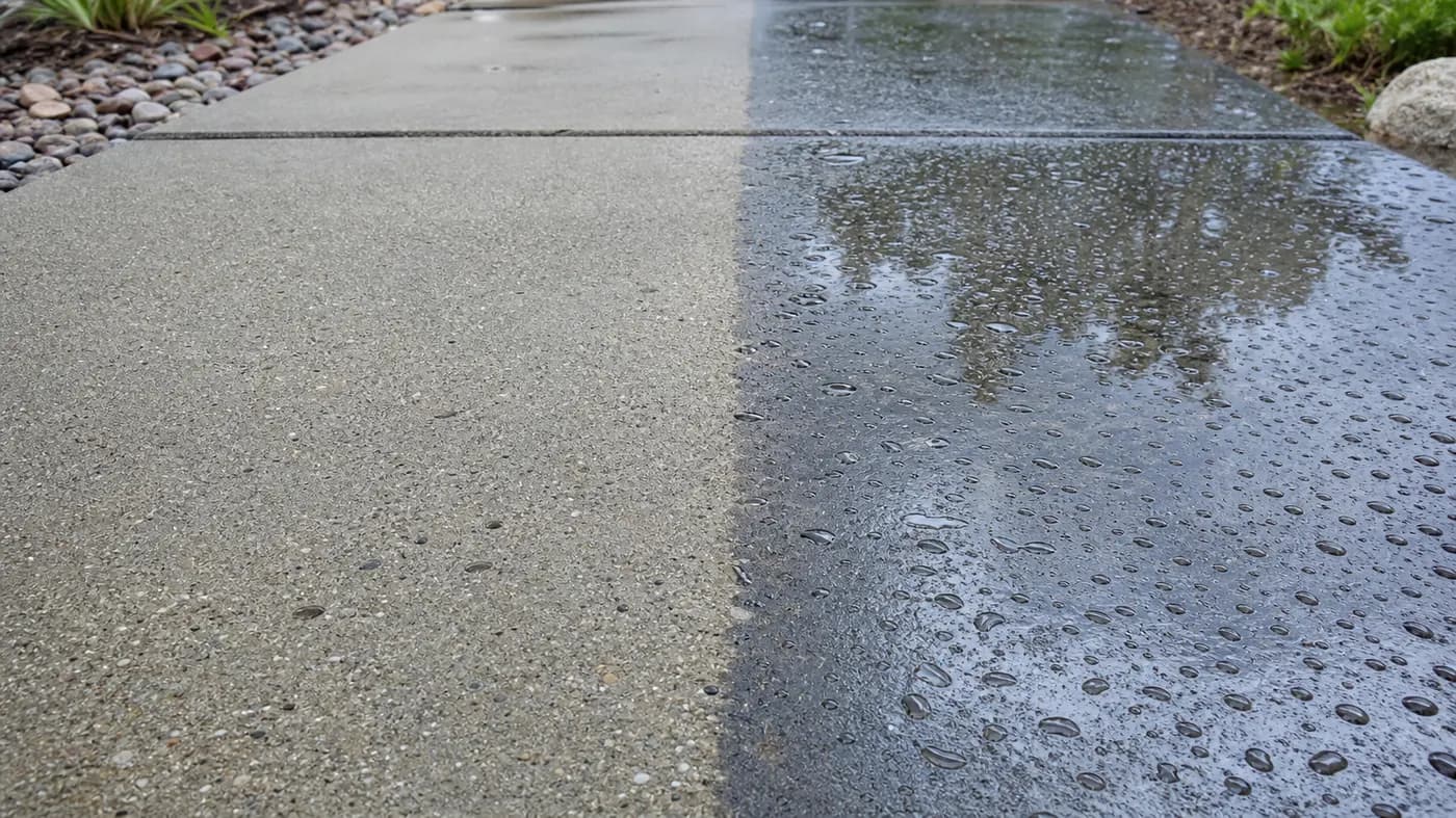 Patio half freshly sealed, darker and glossy with water beading, and half matte unsealed concrete