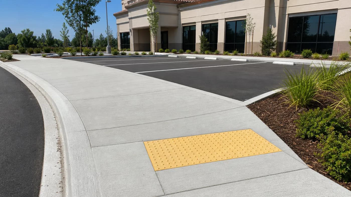 New broom-finish concrete sidewalk and accessible curb ramp with a yellow detectable warning pad beside a small commercial parking lot