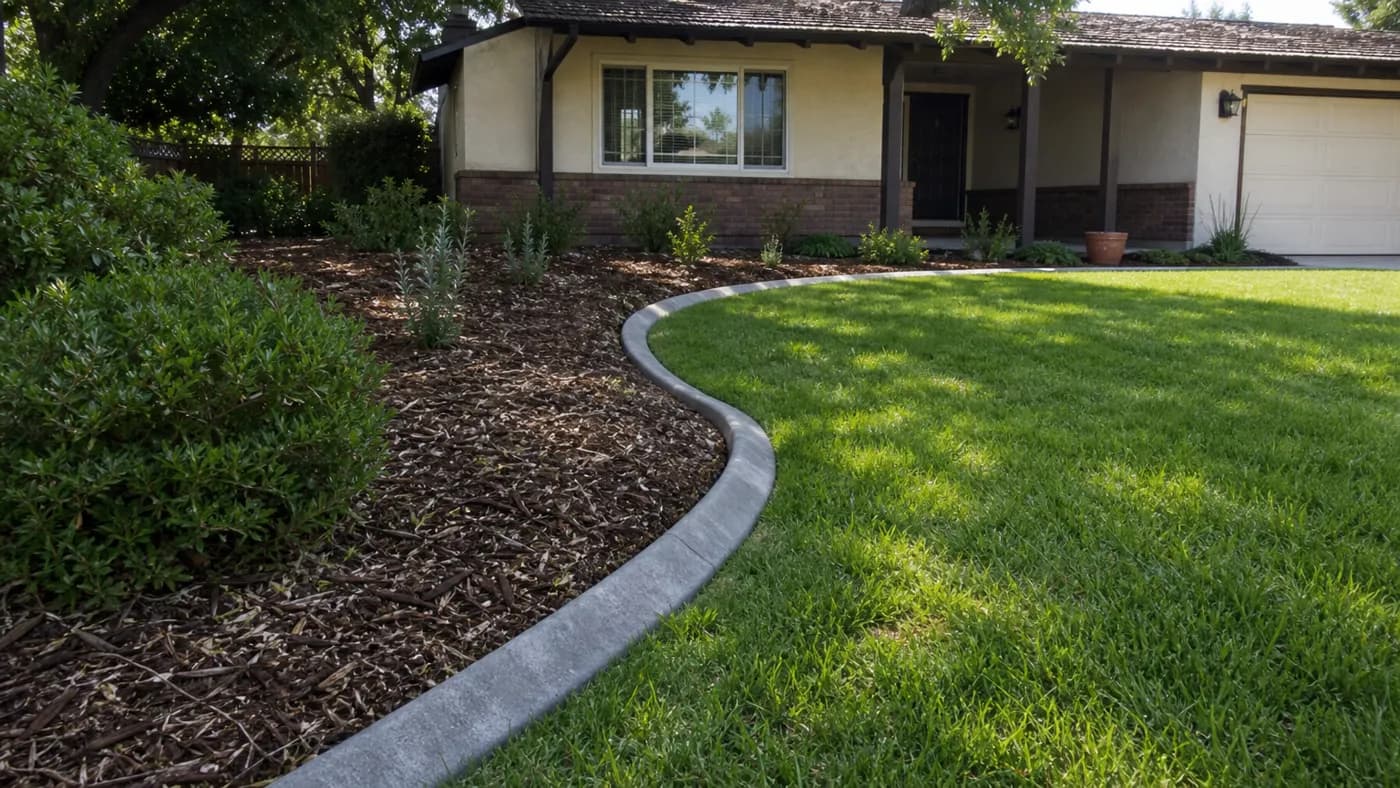 Gray concrete landscape curbing curving between a green lawn and a bark-mulch planting bed in front of a single-story stucco home