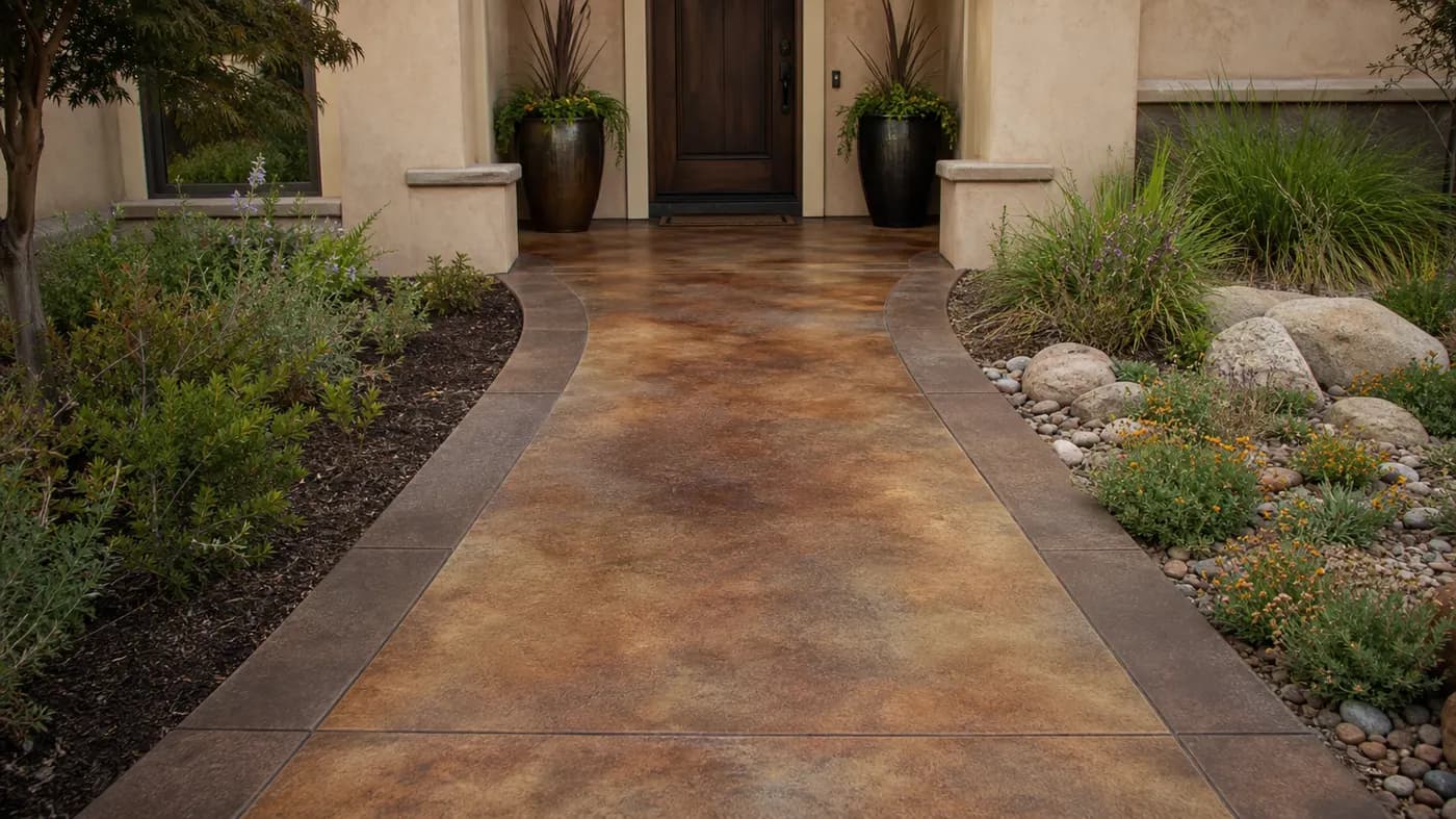 Colored, acid-stained front entry walkway in mottled earth tones with a darker scored border band