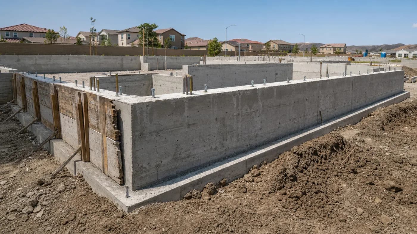 Residential perimeter footing and stem wall with anchor bolts and rebar, forms being stripped