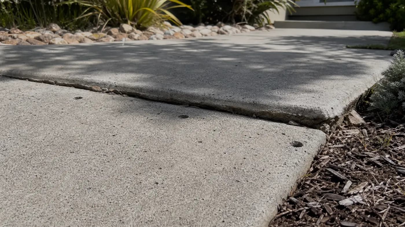 Sunken sidewalk slab beside a lifted neighbor creating a trip edge, with small injection holes drilled in the low slab