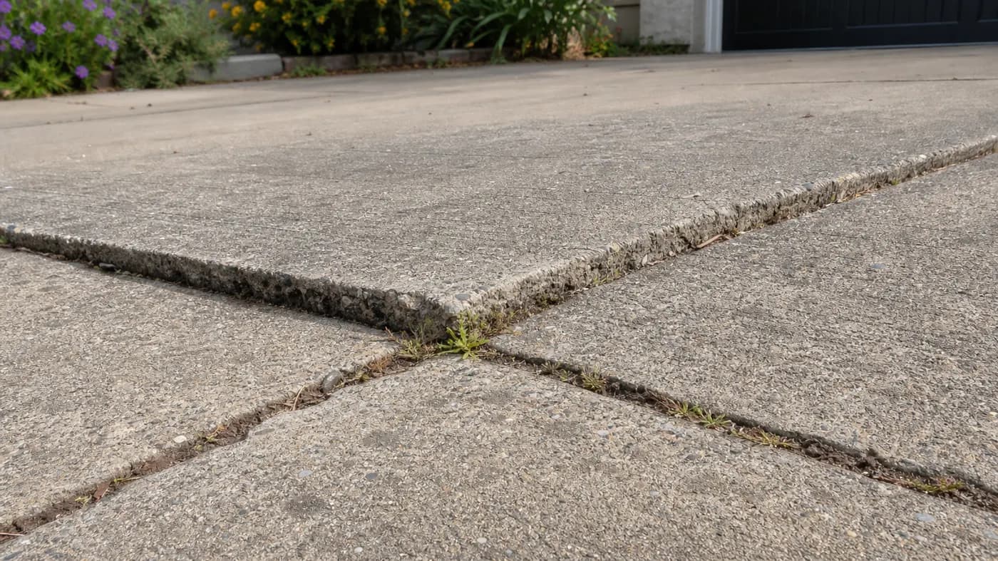 Cracked and heaved section of an older gray concrete driveway with a lifted slab edge at a control joint and weeds growing in the crack