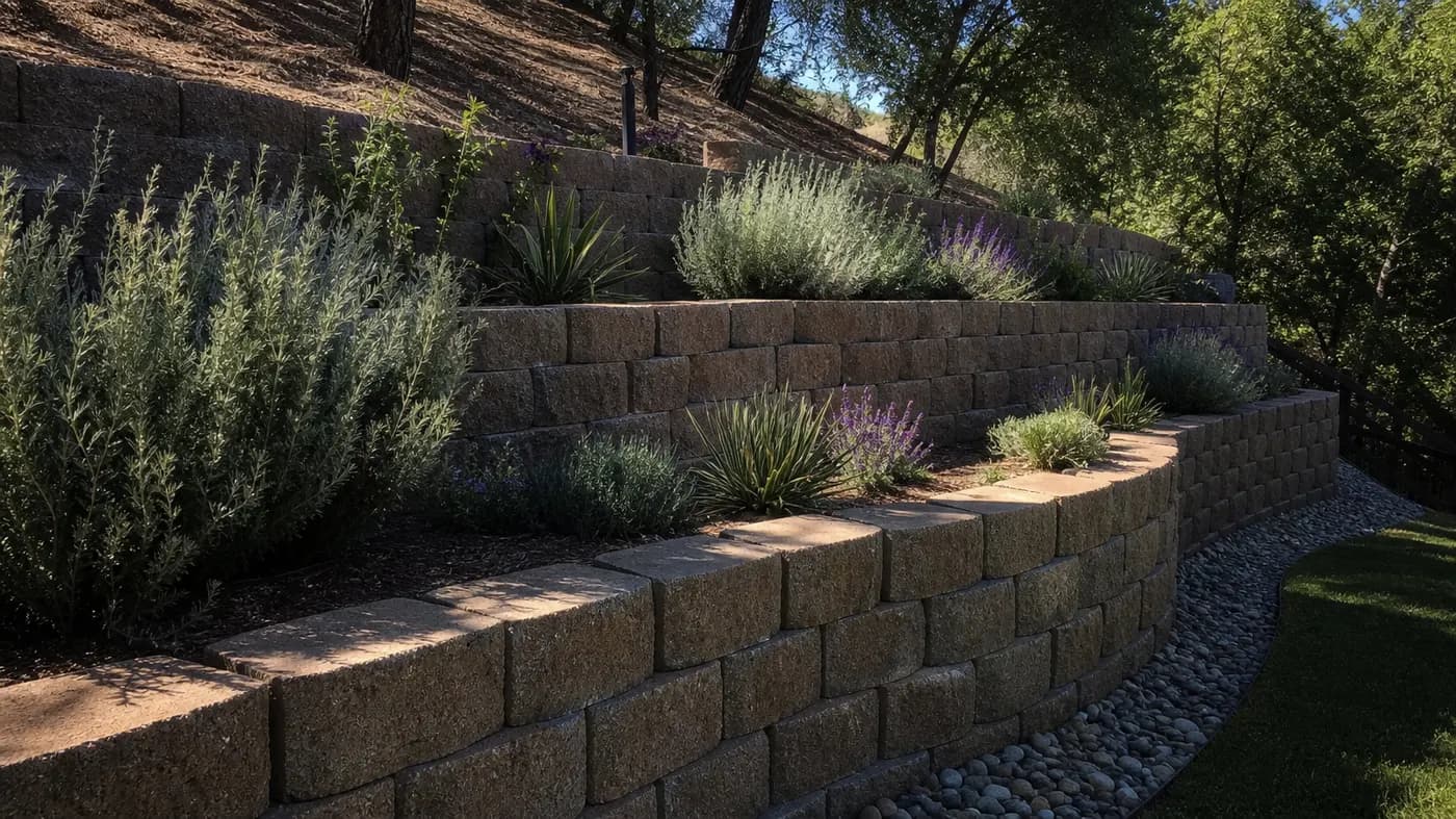 Tiered segmental concrete block retaining wall on a sloped foothill backyard with drought-tolerant plants and gravel drainage at the base