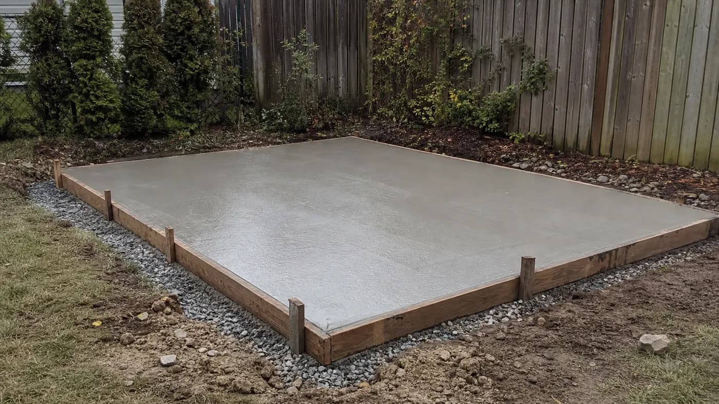 Newly poured square concrete shed pad with wood forms in place and a gravel base visible at the edge