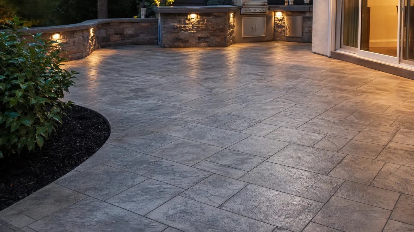 Stamped concrete patio in an ashlar slate pattern with charcoal antiquing over a warm gray base and a light sealer sheen