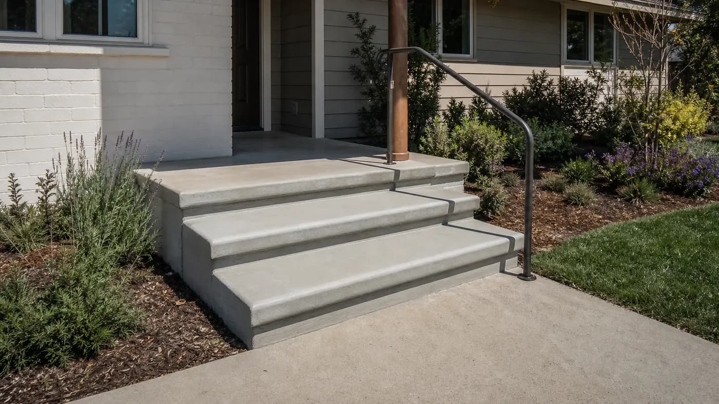 Three-step poured concrete front entry stairs with bullnose edges and a metal handrail