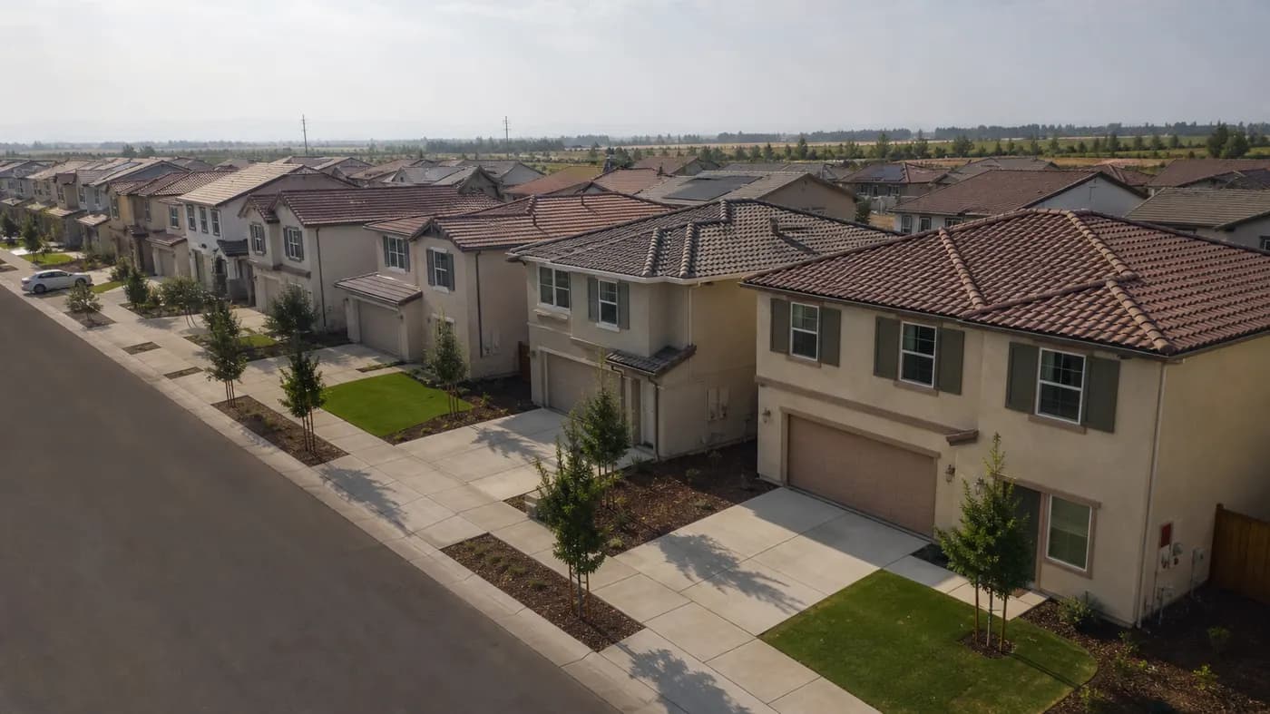 Low drone view of a flat valley subdivision with stucco two-story homes, concrete driveways and sidewalks, and young street trees