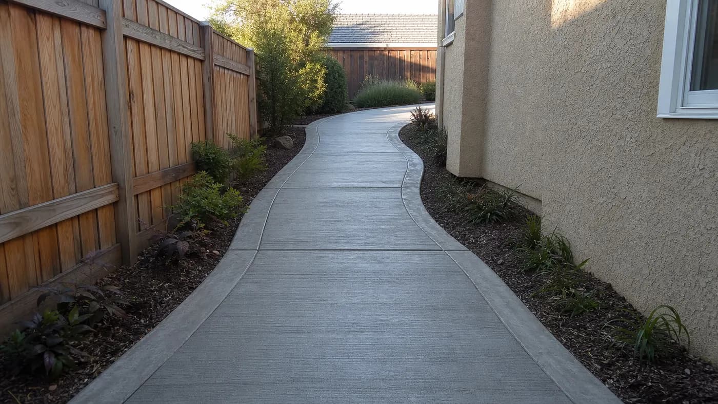 Curving broom-finish concrete walkway with tooled edges and control joints along the side of a stucco house with a wood fence